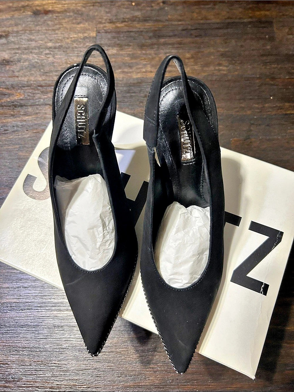 SCHUTZ Black Suede Pointed-Toe Slingback Heels – Size 7B